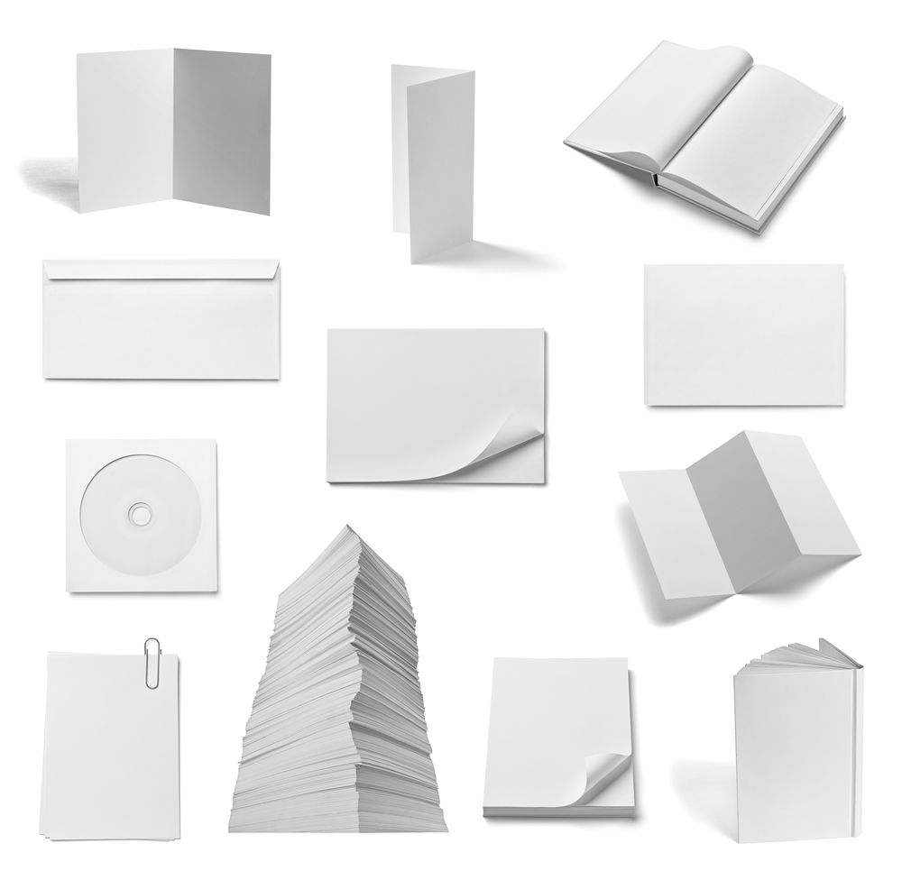 collection of various  blank white paper and book on white background. each one is shot separately